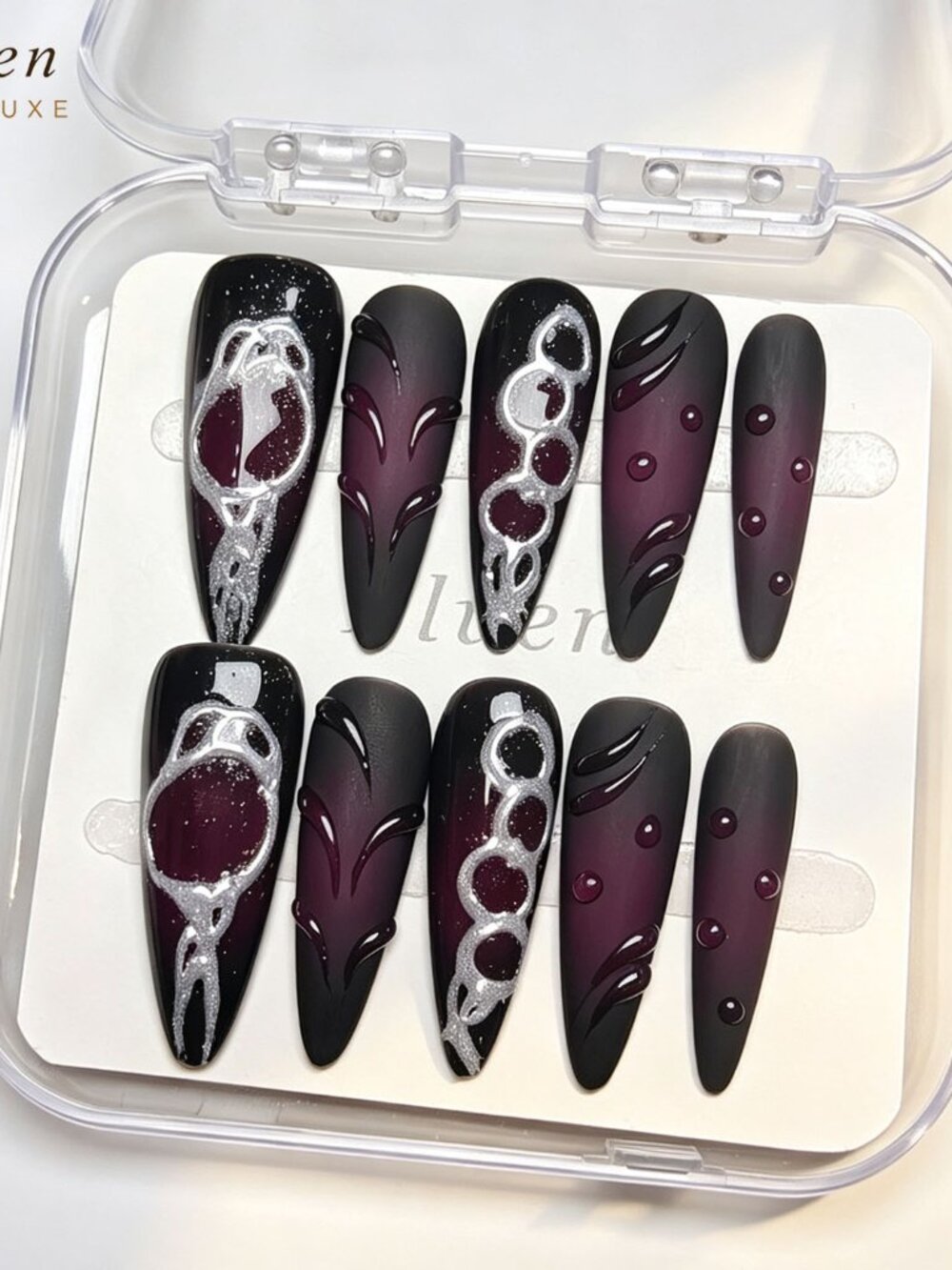 Edgy Gothic Long Stiletto Press On Nails Black Burgundy Matte Gradient